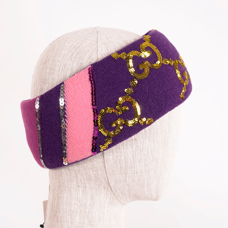 sz M NEW $590 GUCCI Violet Purple GOLD SEQUIN GG LOGO Wide Padded WOOL HEADBAND
