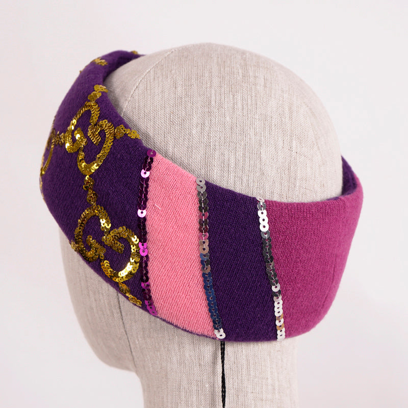 sz M NEW $590 GUCCI Violet Purple GOLD SEQUIN GG LOGO Wide Padded WOOL HEADBAND