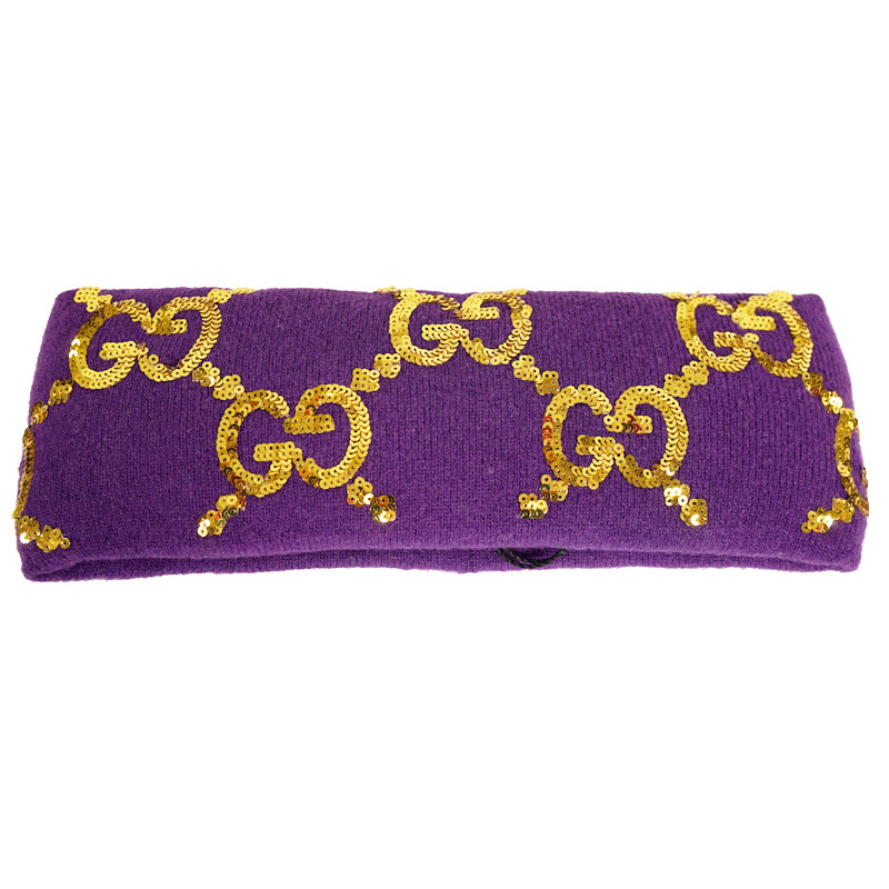 sz M NEW $590 GUCCI Violet Purple GOLD SEQUIN GG LOGO Wide Padded WOOL HEADBAND