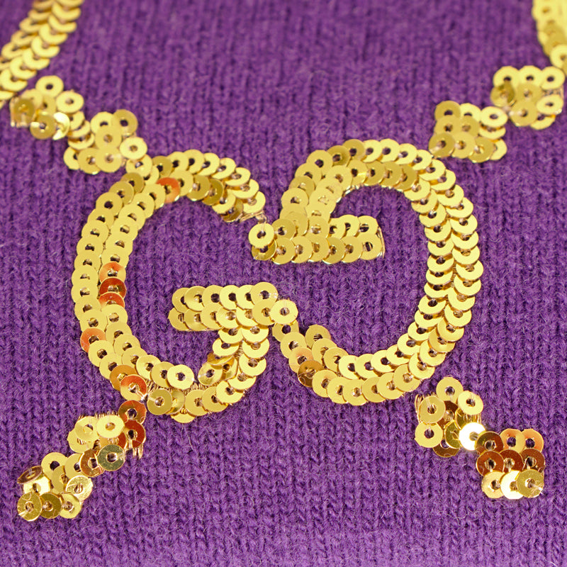 sz M NEW $590 GUCCI Violet Purple GOLD SEQUIN GG LOGO Wide Padded WOOL HEADBAND
