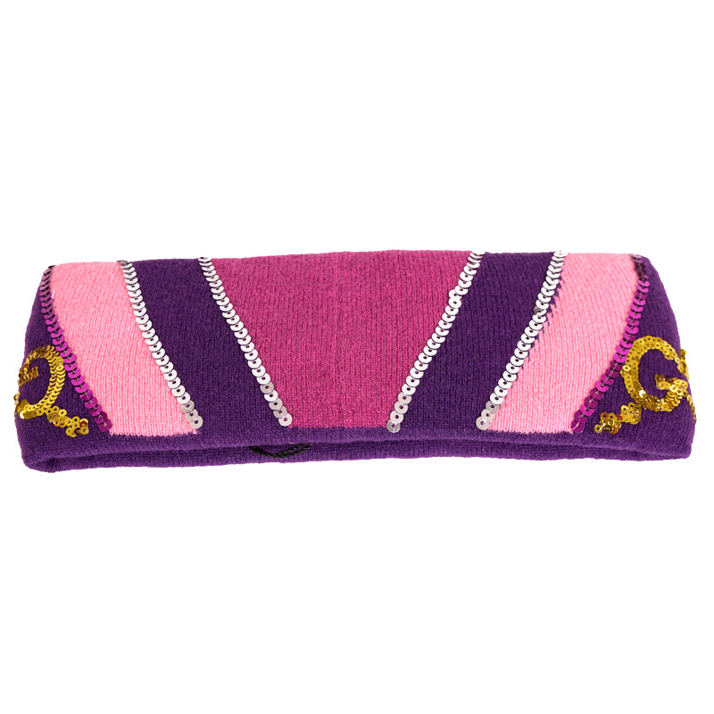 sz M NEW $590 GUCCI Violet Purple GOLD SEQUIN GG LOGO Wide Padded WOOL HEADBAND