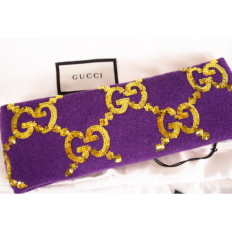 sz M NEW $590 GUCCI Violet Purple GOLD SEQUIN GG LOGO Wide Padded WOOL HEADBAND