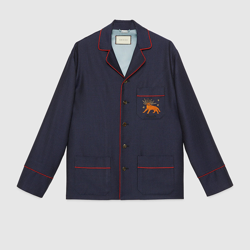 sz 50 NEW $2500 GUCCI Men's Blue WOOL Dots FELINE CAT EMBROIDERY Blazer JACKET