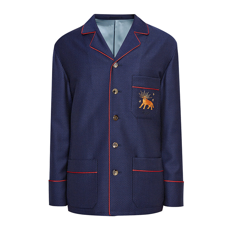 sz 50 NEW $2500 GUCCI Men's Blue WOOL Dots FELINE CAT EMBROIDERY Blazer JACKET