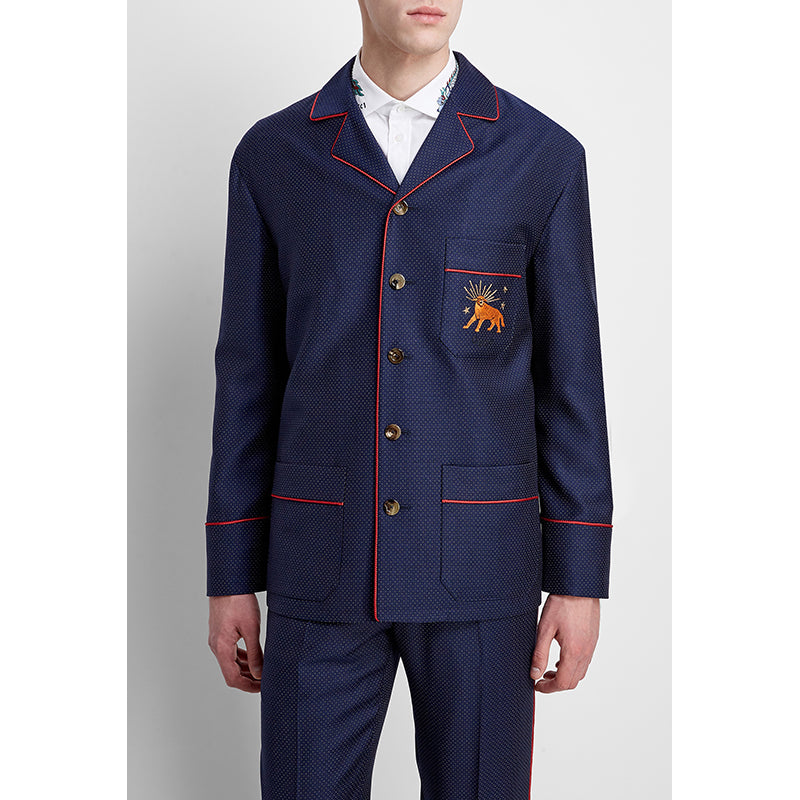 sz 50 NEW $2500 GUCCI Men's Blue WOOL Dots FELINE CAT EMBROIDERY Blazer JACKET
