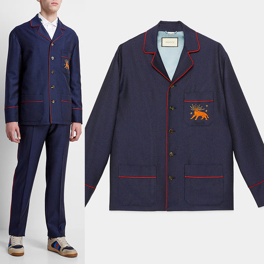 sz 50 NEW $2500 GUCCI Men's Blue WOOL Dots FELINE CAT EMBROIDERY Blazer JACKET
