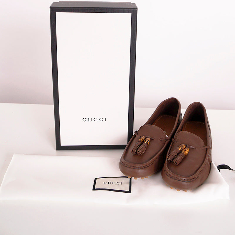 sz 39.5 NEW $595 GUCCI Woman's Brown Leather BAMBOO TASSEL Hebron DRIVER LOAFERS