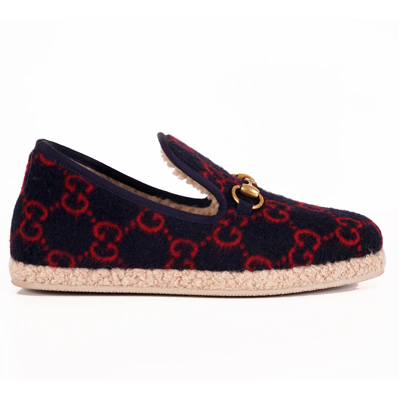 sz 37.5 NEW $790 GUCCI Blue RED GG LOGO PRINT Wool FRIA HORSEBIT LOAFERS Flats NIB