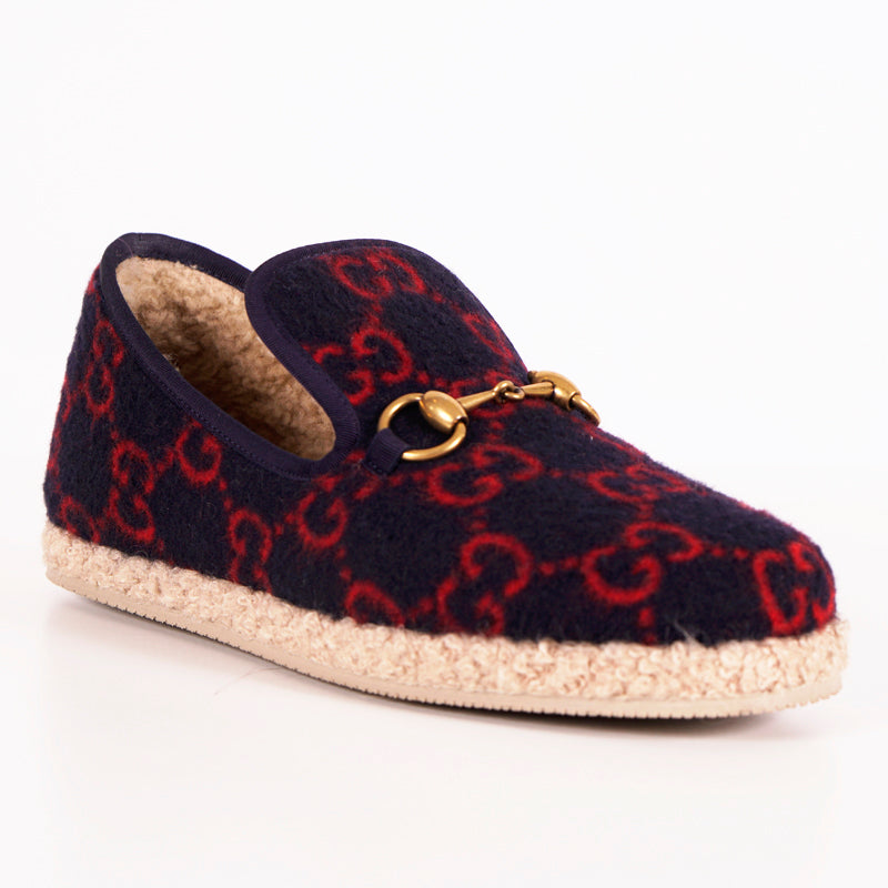 sz 37.5 NEW $790 GUCCI Blue RED GG LOGO PRINT Wool FRIA HORSEBIT LOAFERS Flats NIB