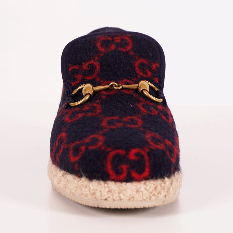 sz 37.5 NEW $790 GUCCI Blue RED GG LOGO PRINT Wool FRIA HORSEBIT LOAFERS Flats NIB