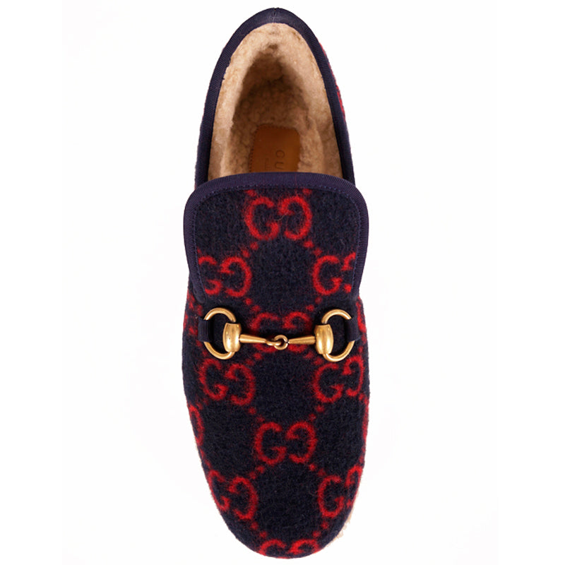 sz 37.5 NEW $790 GUCCI Blue RED GG LOGO PRINT Wool FRIA HORSEBIT LOAFERS Flats NIB