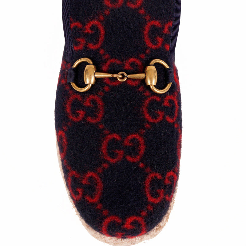 sz 37.5 NEW $790 GUCCI Blue RED GG LOGO PRINT Wool FRIA HORSEBIT LOAFERS Flats NIB
