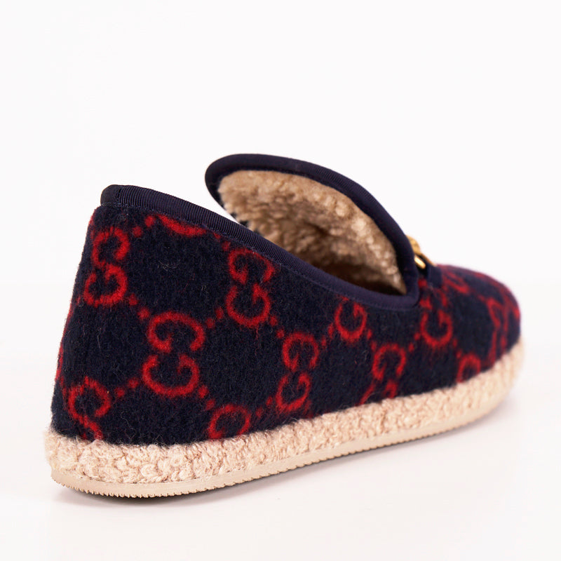 sz 37.5 NEW $790 GUCCI Blue RED GG LOGO PRINT Wool FRIA HORSEBIT LOAFERS Flats NIB