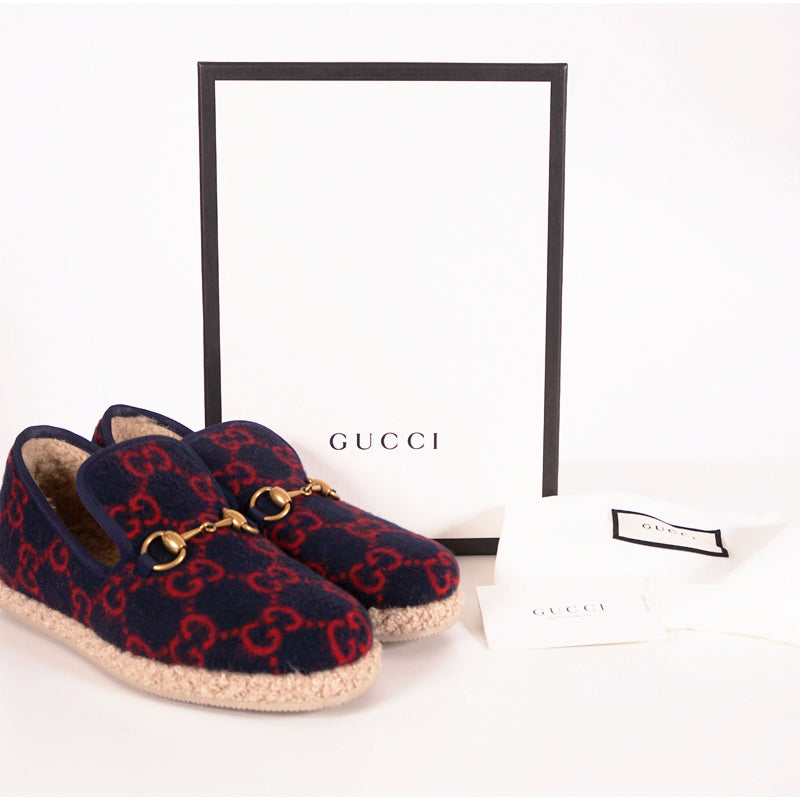 sz 37.5 NEW $790 GUCCI Blue RED GG LOGO PRINT Wool FRIA HORSEBIT LOAFERS Flats NIB