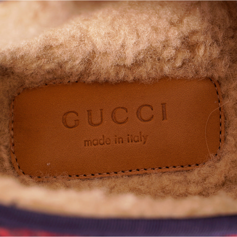 sz 37.5 NEW $790 GUCCI Blue RED GG LOGO PRINT Wool FRIA HORSEBIT LOAFERS Flats NIB