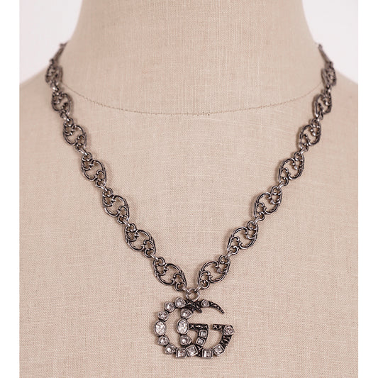 NEW $1190 GUCCI Aged Palladium CRYSTAL DOUBLE GG Silver Aged Finish NECKLACE NIB