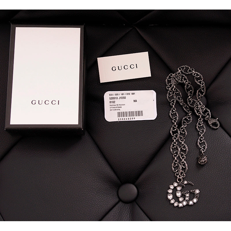 NEW $1190 GUCCI Aged Palladium CRYSTAL DOUBLE GG Silver Aged Finish NECKLACE NIB