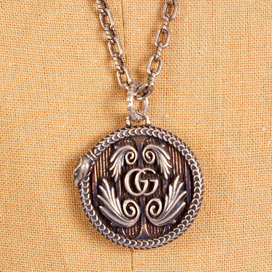 NEW $820 GUCCI GARDEN Aged Sterling Silver SNAKE OUROBOROS GG LOGO NECKLACE NWB