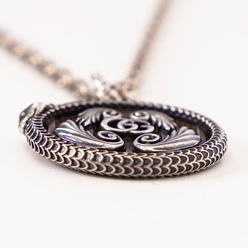 NEW $820 GUCCI GARDEN Aged Sterling Silver SNAKE OUROBOROS GG LOGO NECKLACE NWB