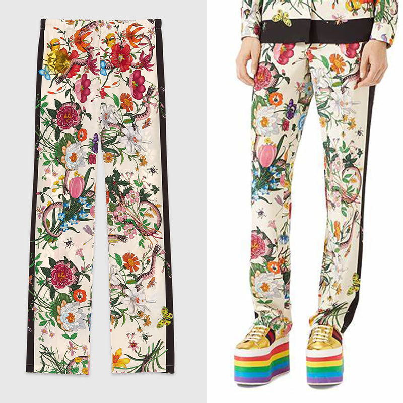 パンツ Gucci Silk Trousers With Gucci Flora Print Gucci Floral Print Cropped Silk Trousers Pants - Runway Catalog