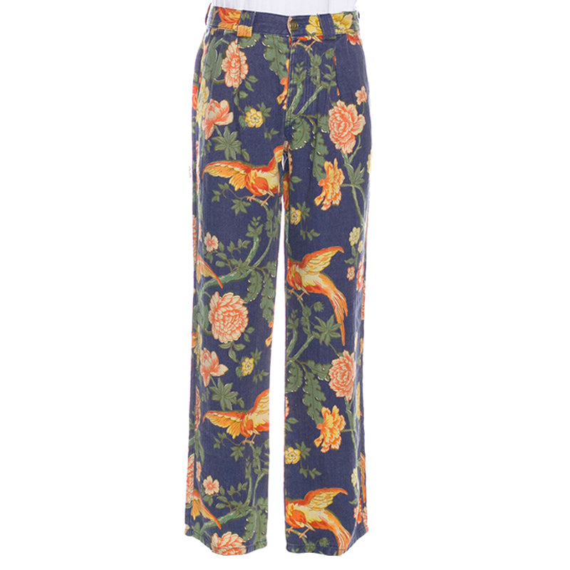 34 NEW $1500 GUCCI RUNWAY Men Blue FLORAL PRINT 100% Linen Relax TROUSERS PANTS