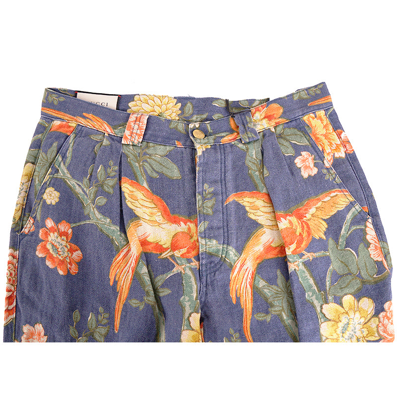 34 NEW $1500 GUCCI RUNWAY Men Blue FLORAL PRINT 100% Linen Relax TROUSERS PANTS
