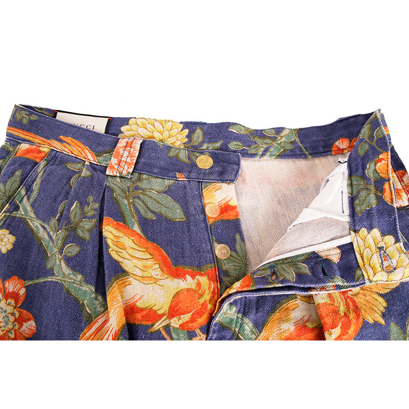 34 NEW $1500 GUCCI RUNWAY Men Blue FLORAL PRINT 100% Linen Relax TROUSERS PANTS
