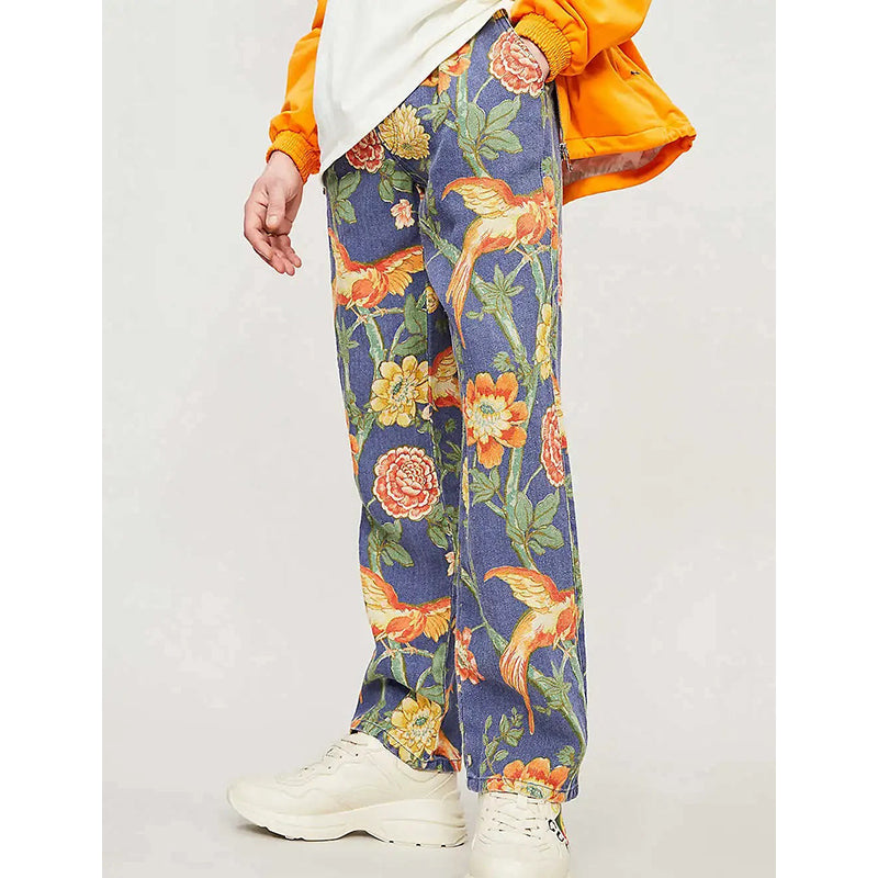 34 NEW $1500 GUCCI RUNWAY Men Blue FLORAL PRINT 100% Linen Relax TROUSERS PANTS