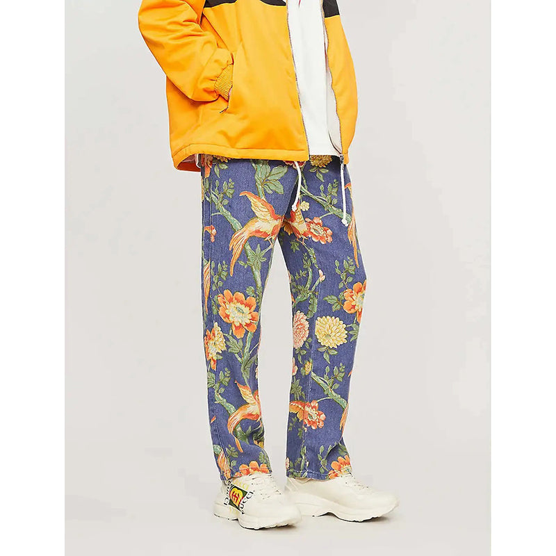 34 NEW $1500 GUCCI RUNWAY Men Blue FLORAL PRINT 100% Linen Relax TROUSERS PANTS