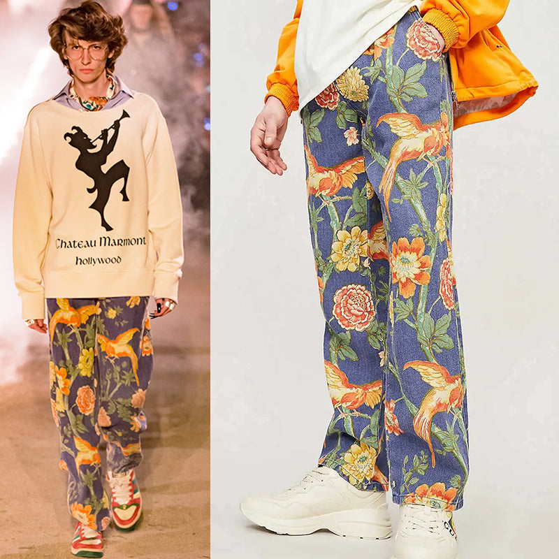 34 NEW $1500 GUCCI RUNWAY Men Blue FLORAL PRINT 100% Linen Relax TROUSERS PANTS