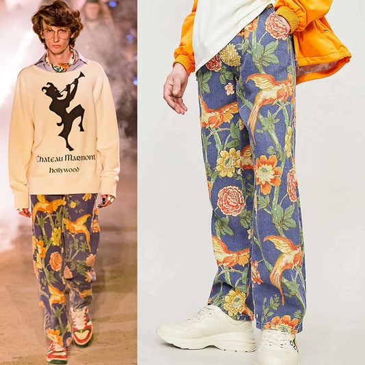 34 NEW $1500 GUCCI RUNWAY Men Blue FLORAL PRINT 100% Linen Relax TROUSERS PANTS