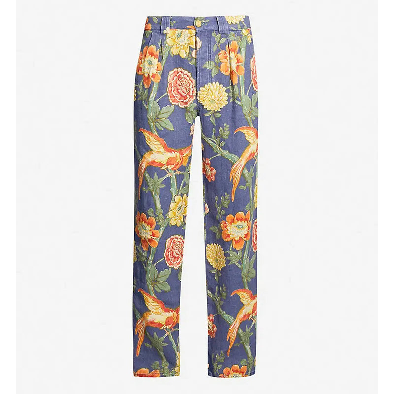 34 NEW $1500 GUCCI RUNWAY Men Blue FLORAL PRINT 100% Linen Relax TROUSERS PANTS