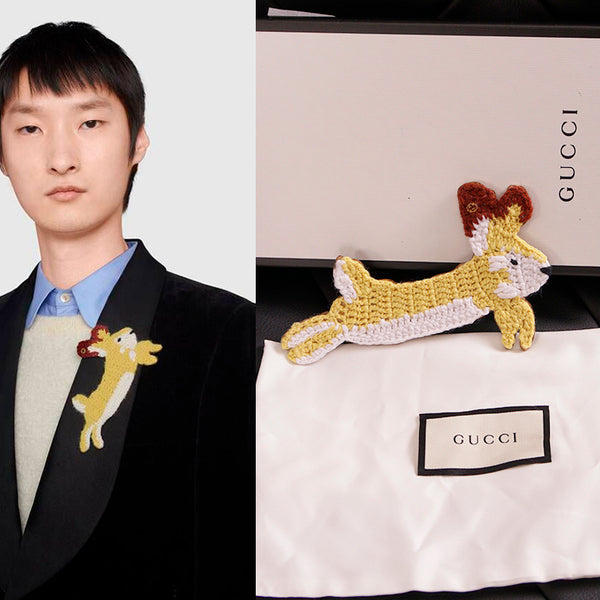 NEW $440 GUCCI Yellow & White RABBIT Knitted Cotton Embroidered Oversize BROOCH