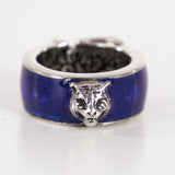 US 4 IT 9 NEW $445 GUCCI GARDEN Silver Enamelled Blue FELINE TIGER CAT Head RING