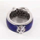 US 4 IT 9 NEW $445 GUCCI GARDEN Silver Enamelled Blue FELINE TIGER CAT Head RING