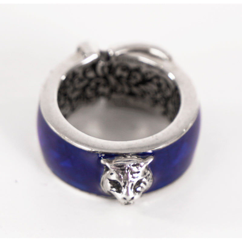 US 4 IT 9 NEW $445 GUCCI GARDEN Silver Enamelled Blue FELINE TIGER CAT Head RING