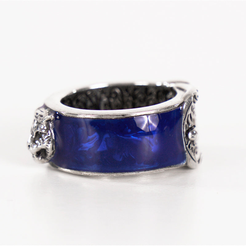 US 4 IT 9 NEW $445 GUCCI GARDEN Silver Enamelled Blue FELINE TIGER CAT Head RING