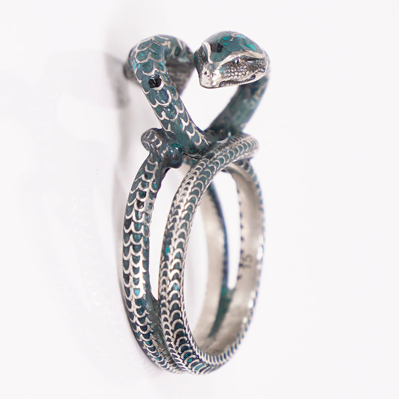 US 7.5 NEW $395 GUCCI GARDEN Sterling Silver Blue Enamel Intertwined SNAKE RING