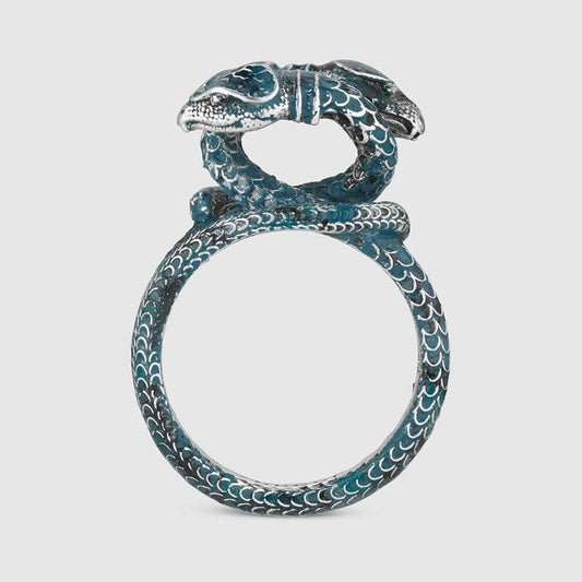 US 7.5 NEW $395 GUCCI GARDEN Sterling Silver Blue Enamel Intertwined SNAKE RING