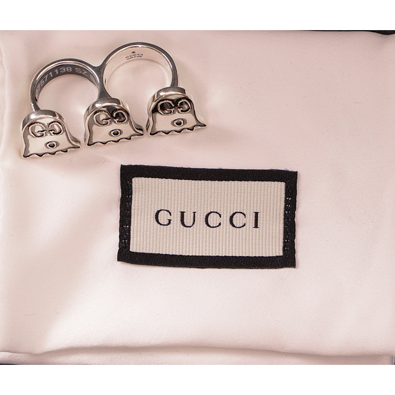 sz M NEW $500 GUCCI Unisex Sterling Silver GG GHOST Collab DOUBLE FINGER RING