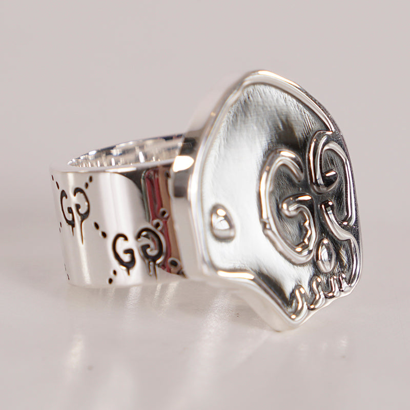 NEW $390 GUCCI Unisex Aged Sterling Silver GG Ghost Skull Collaboration RING