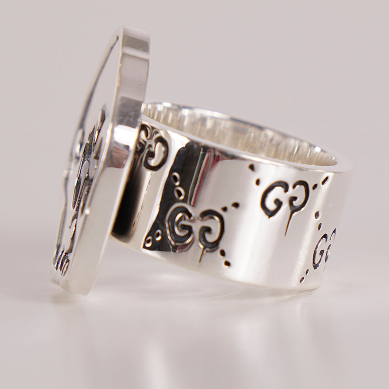 NEW $390 GUCCI Unisex Aged Sterling Silver GG Ghost Skull Collaboration RING