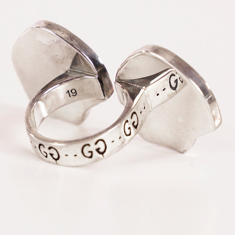 sz 19 NEW $430 GUCCI Sterling Silver Enamel HAMLET GHOST SKULL Logo GG RING