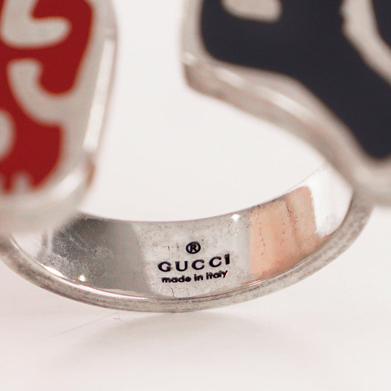 sz 19 NEW $430 GUCCI Sterling Silver Enamel HAMLET GHOST SKULL Logo GG RING