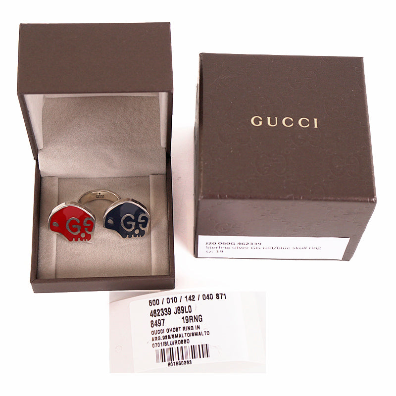 sz 19 NEW $430 GUCCI Sterling Silver Enamel HAMLET GHOST SKULL Logo GG RING