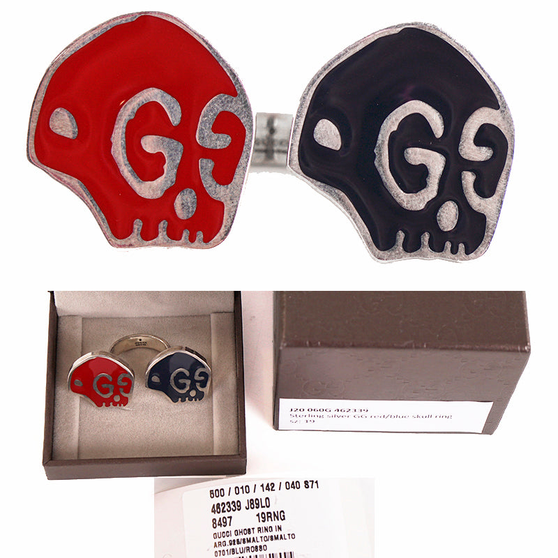 sz 19 NEW $430 GUCCI Sterling Silver Enamel HAMLET GHOST SKULL Logo GG RING