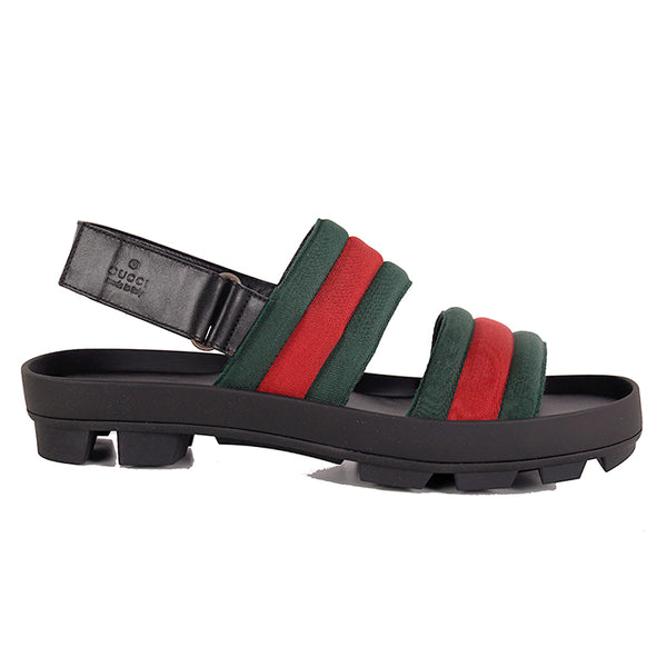 9G 9.5 US NEW $845 GUCCI Men's GREEN RED WEB LOGO Leather Trim Rubber SANDALS