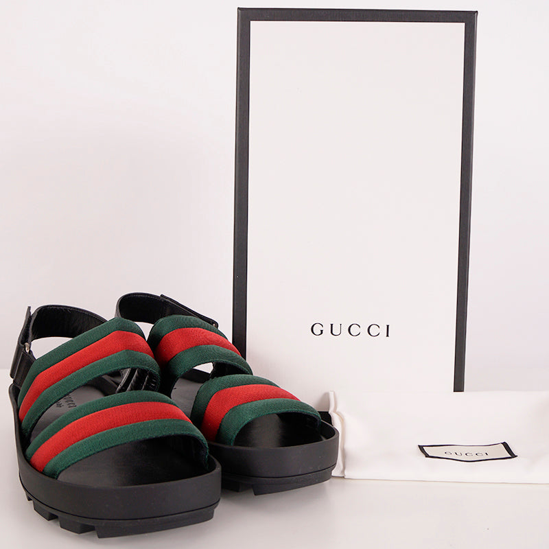 9G 9.5 US NEW $845 GUCCI Men's GREEN RED WEB LOGO Leather Trim Rubber SANDALS
