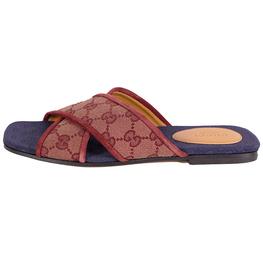 36 NEW $620 GUCCI Burgundy Red Senior Ruggine GG LOGO CANVAS Slide Flat SANDALS