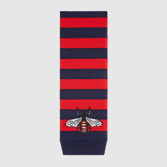 NEW $810 GUCCI Men's Unisex Red and Navy Striped Wool Long Scarf With Bee Logo